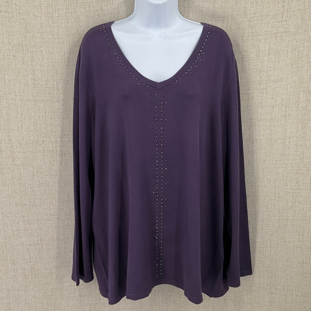 Chico's Sweater Women XXL Purple Studded V-Neck Long Sleeve Classic‎ Lightweight